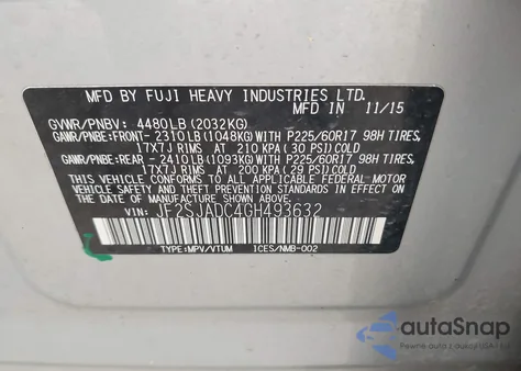 2016 Subaru Forester 2.5I Premium z USA, uszkodzony, nr VIN JF2SJADC4GH493632